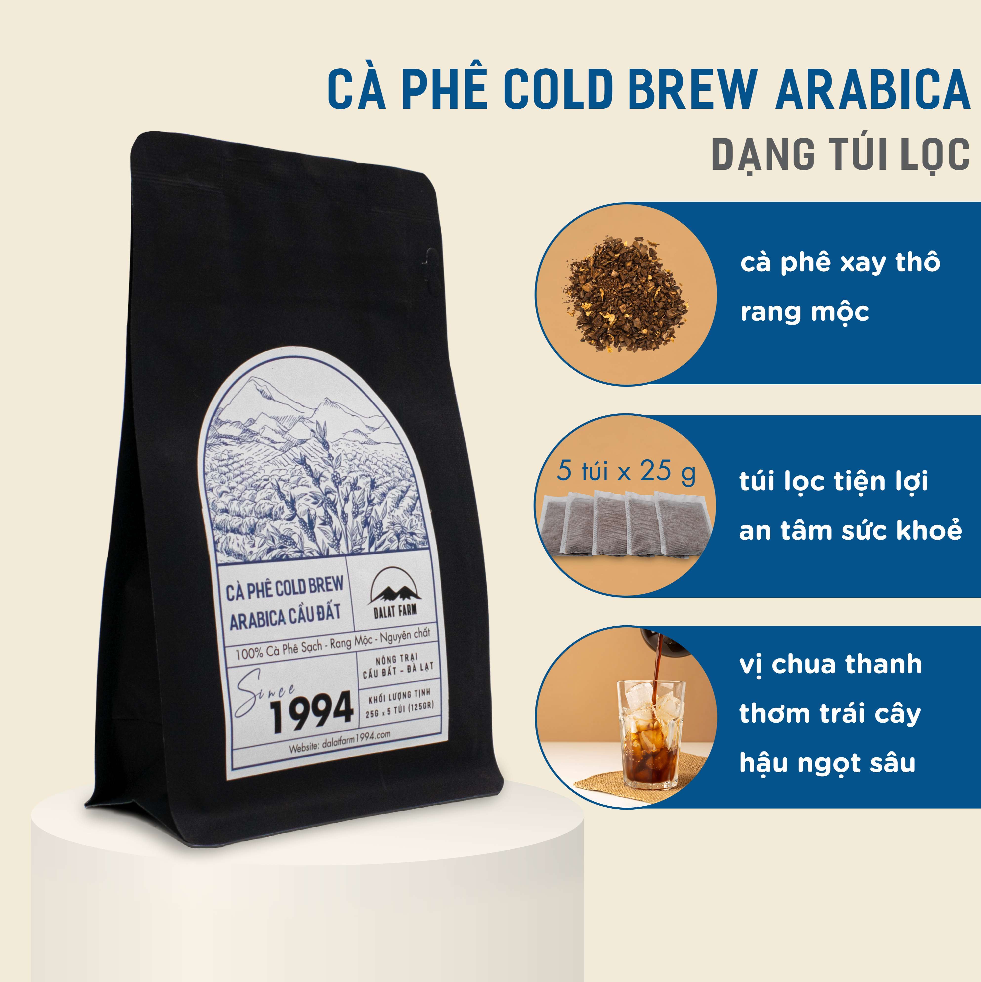 Hình ảnh Cà Phê Cold Brew Arabica Cầu Đất DalatFarm - Túi 125 g