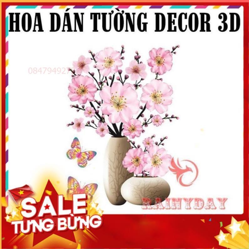 Tranh dán tường 3D treo phòng khách, phòng ngủ trang trí đẹp hình bình lọ hoa hồng/sen/trà/đào .