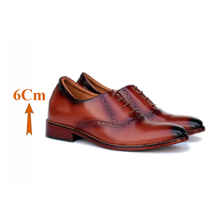 Giày Tăng Chiều Cao Nam T&TRA Tăng Cao 6Cm- S1025 Nâu Đế Da- Chất Liệu Da Mộc Cao Cấp Đánh Màu Thủ Công Patina, Phần Tăng Cao Ẩn Bên Trong