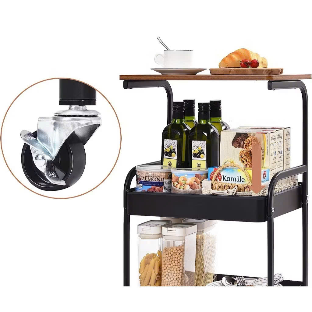 Kệ Để Đồ 3 Tầng Có Bánh Xe – Kệ Spa Mặt Gỗ, Khung Sắt Sơn Tĩnh Điện – Kệ Đẩy Đa Năng Cho Nhà Bếp, Phòng Khách, Phòng Ngủ- HÀNG CHÍNH HÃNG MINIIN