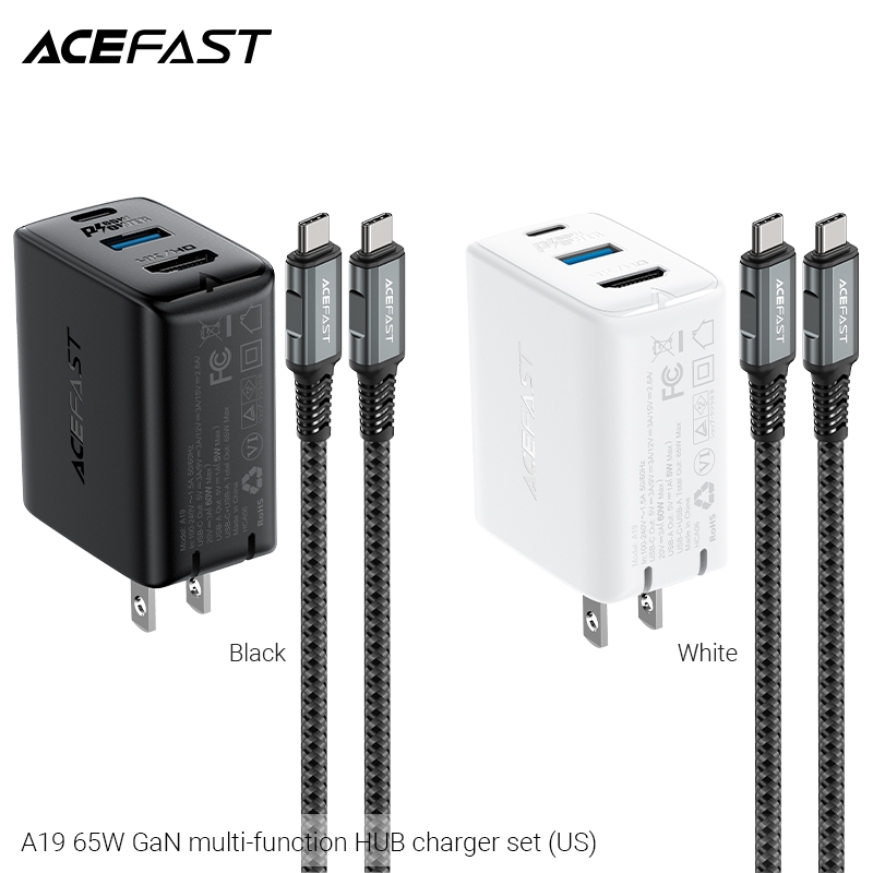 Sạc Acefast GaN 65W cổng USB-C + USB-A + HUB (US) - A19 Hàng chính hãng Acefast