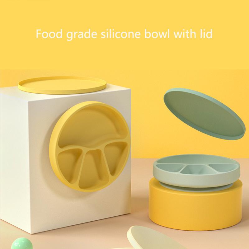 Không Chứa BPA Silicone Ăn Đĩa Có Nắp Đậy Cho Bé Nụ Cười Mặt Ghi Bộ Đồ Ăn Chống Trượt Nhà Hút Bát Kid Ăn Tập Ăn Tối
