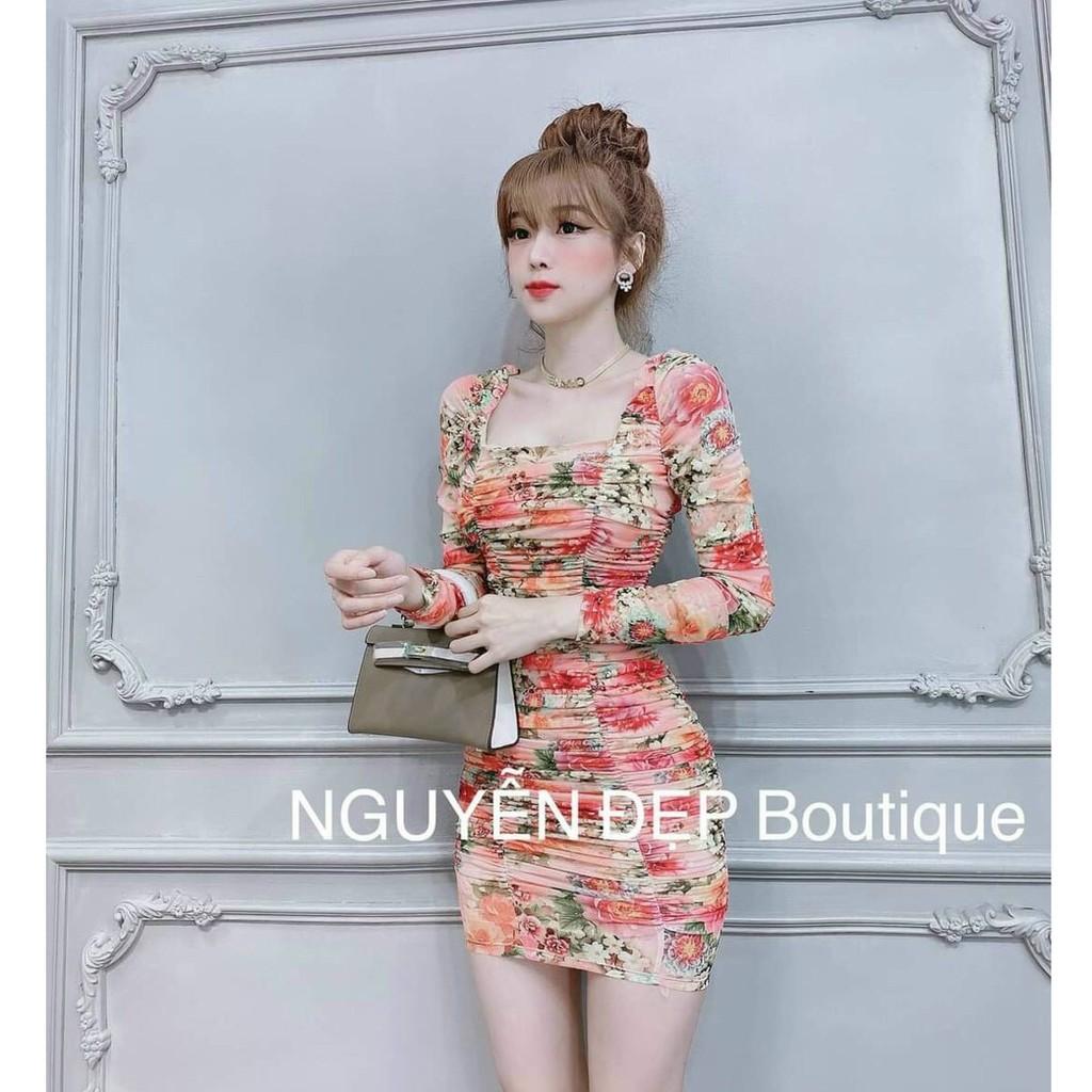 Đầm body nhún cổ vuông họa tiết hoa kèm mút