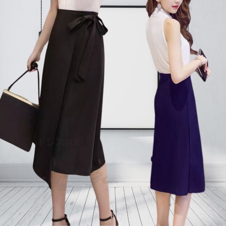 Chân váy công sở chữ A, Dáng dài, thân trước tà đắp đính nơ duyên dáng, độ dài 62cm vải kaki thun co giãn thoáng mát