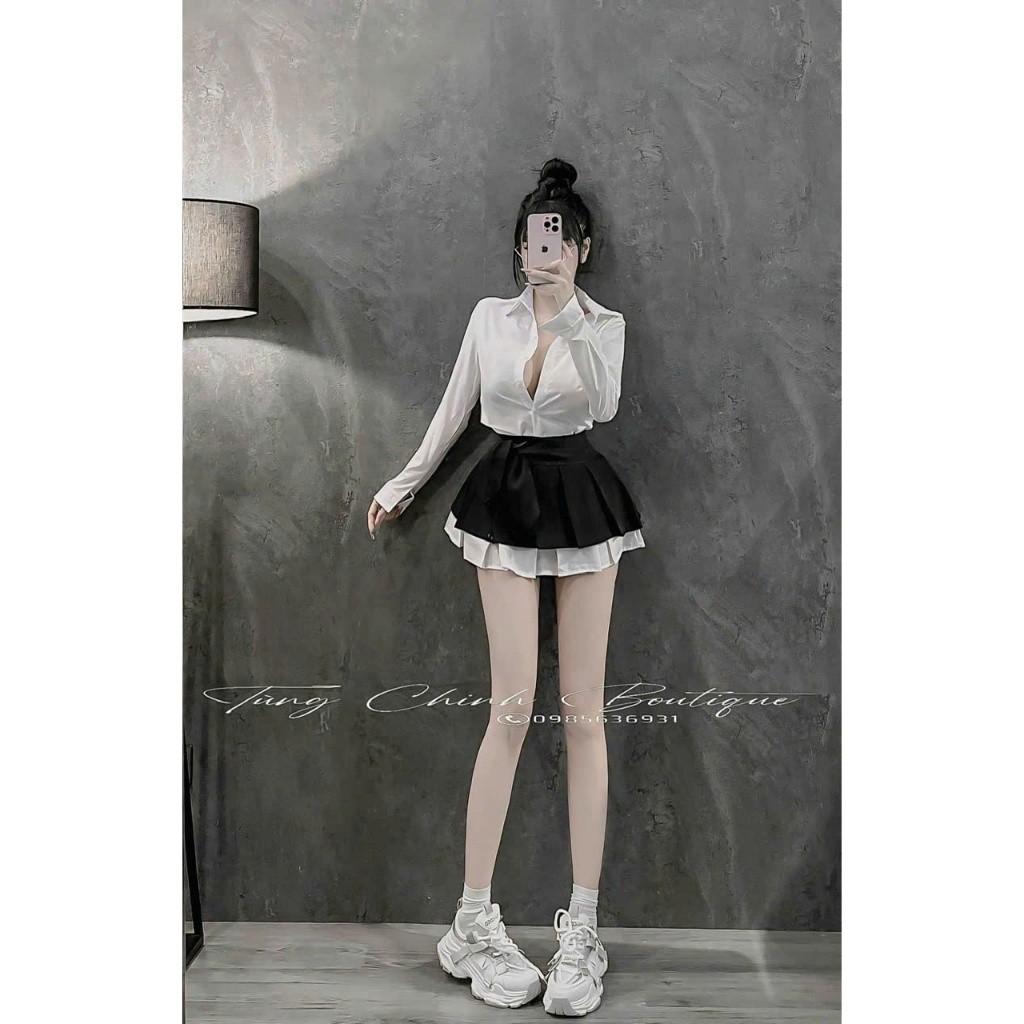 Sét sơ mi dài tay mix chân váy ly phối tặng cà vạt   QA BY JOLIE - kẻ đen, kẻ đen