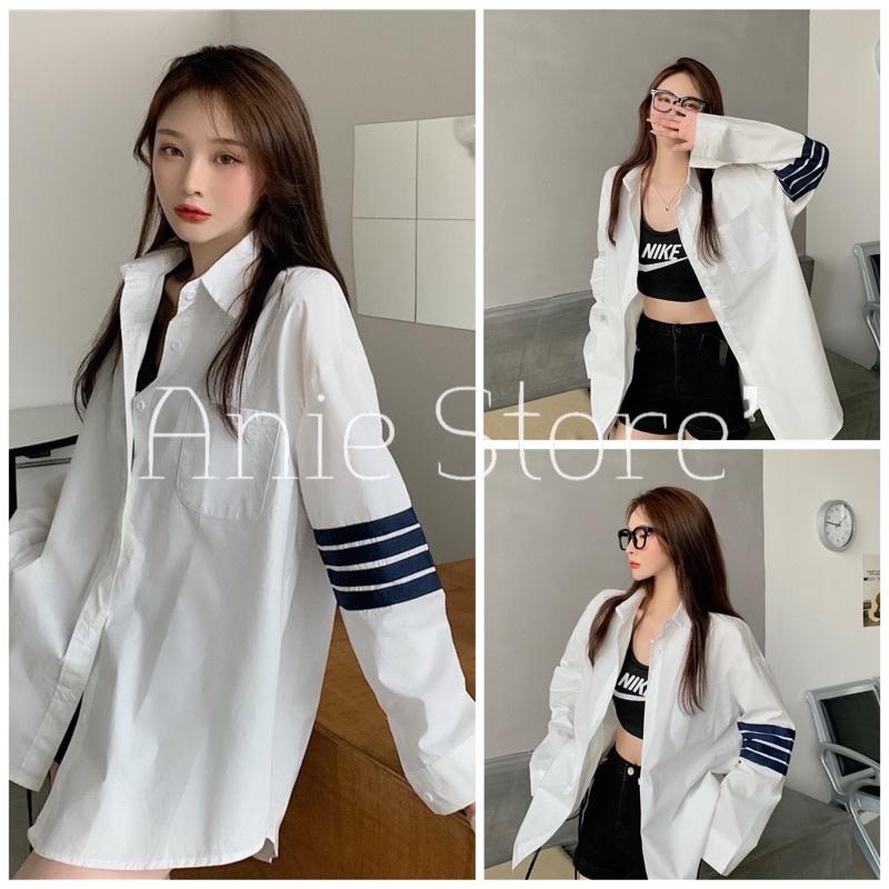 Áo Sơ Mi Trắng Nữ Dáng Trùm Mông 3 Sọc Áo Somi Nữ Ulzzang Dài Tay Dáng Rộng