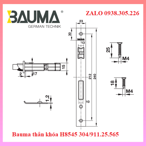 Thân khóa Bauma inox 304 911.25.565