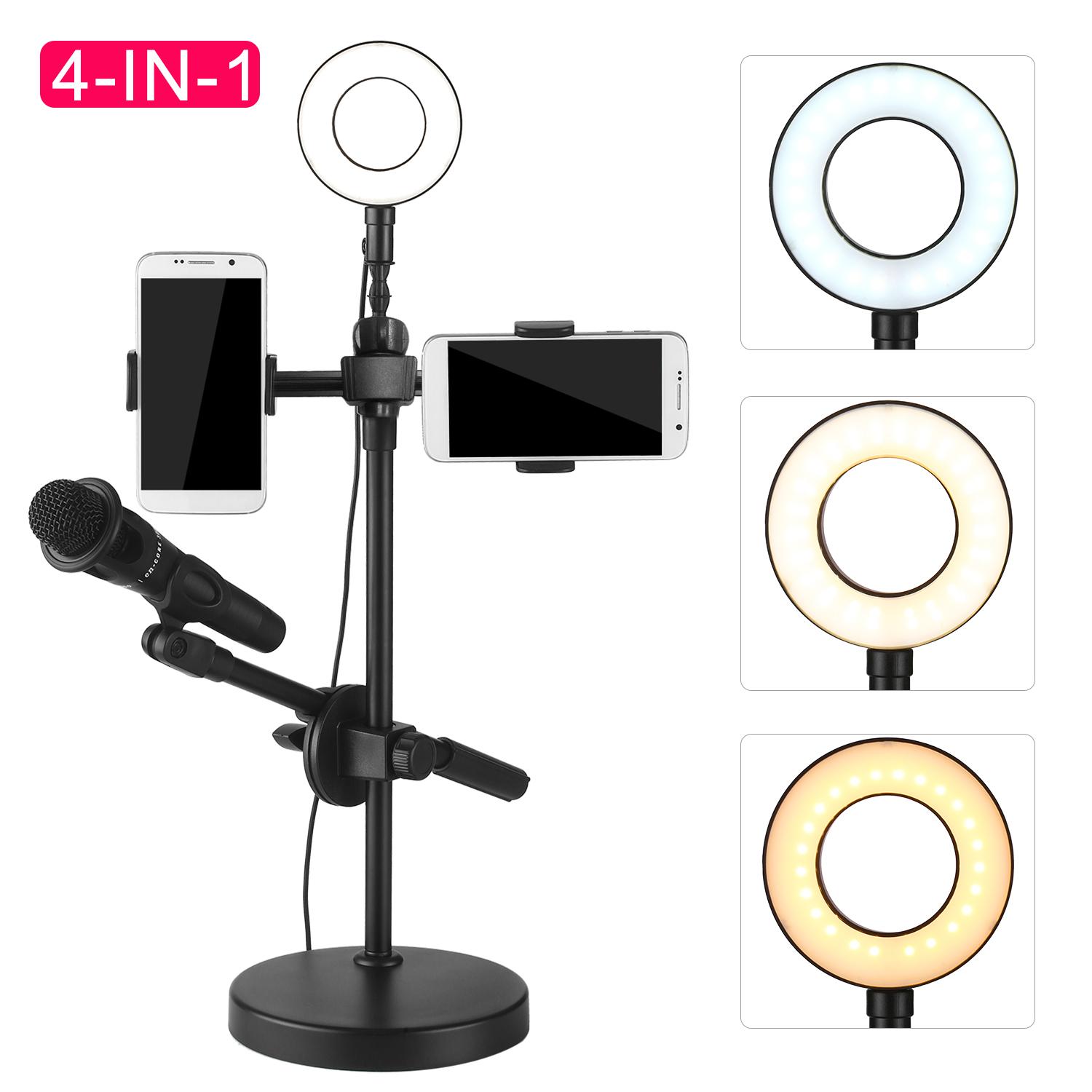 Đèn vòng tự sướng với giá đỡ điện thoại và đế micrô 3 chế độ ánh sáng 9 mức độ sáng cho video phát trực tiếp