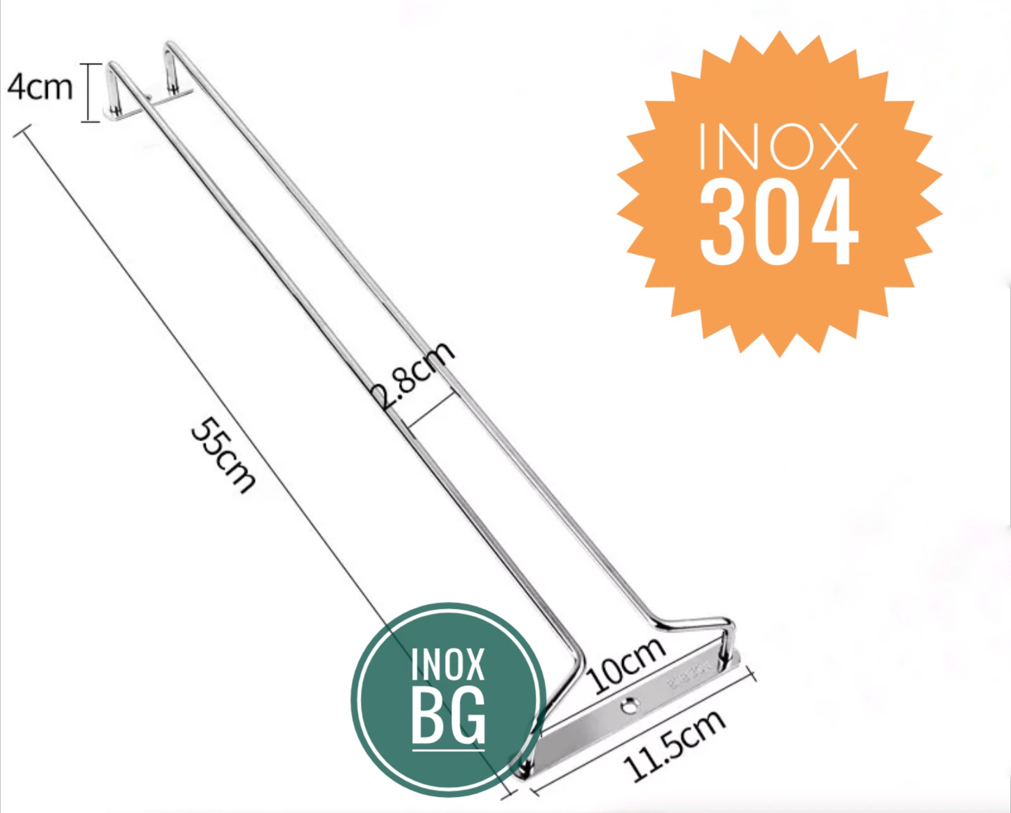 Giá treo ly, gài ly sâu 55cm chất liệu inox 304 bền bỉ với thời gian