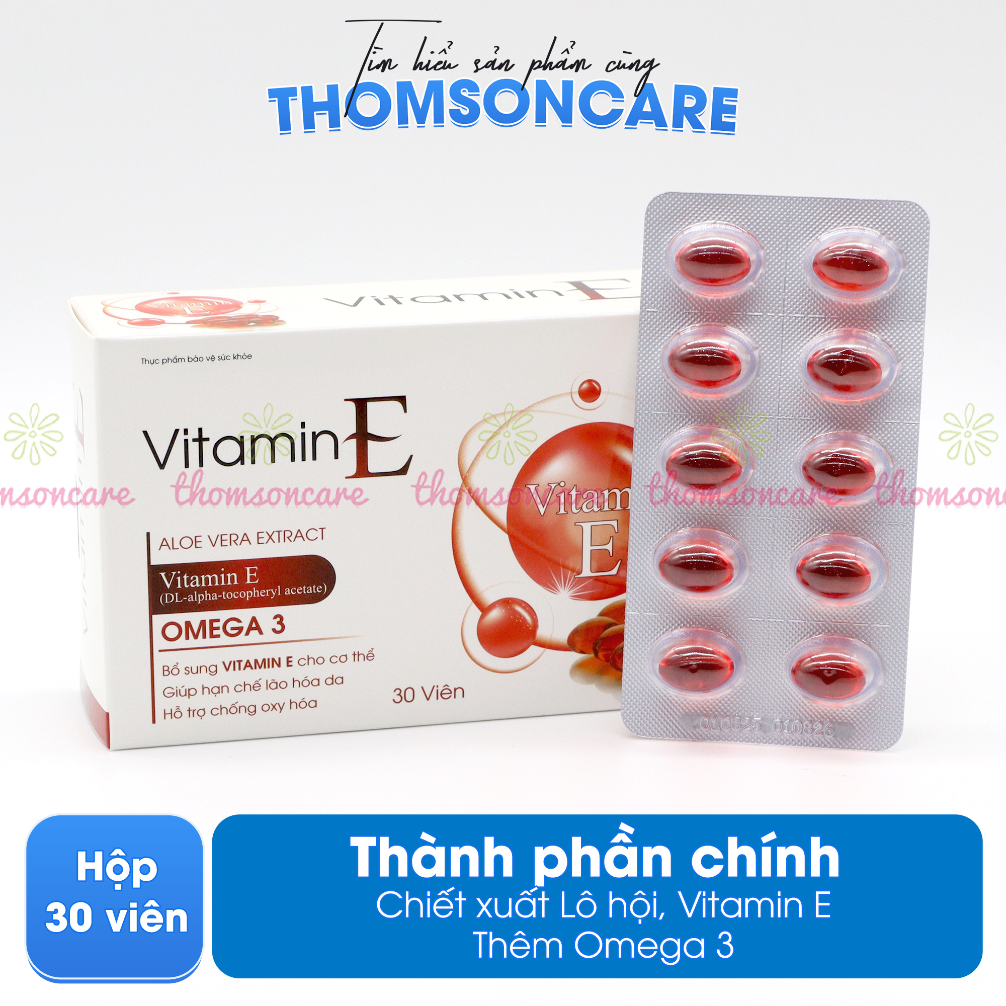 Viên uống Vitamin E đỏ thêm Omega 3, Hộp 30 viên - Bổ sung Vitamin E , chống oxy hóa giúp đẹp da, da sáng đẹp - Thomsoncare