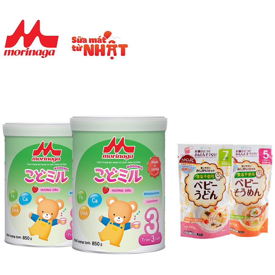 Combo 2 lon sữa Morinaga số 3 Kodomil Hương Dâu 850gr + 2 gói mì ăn dặm Hakubaku