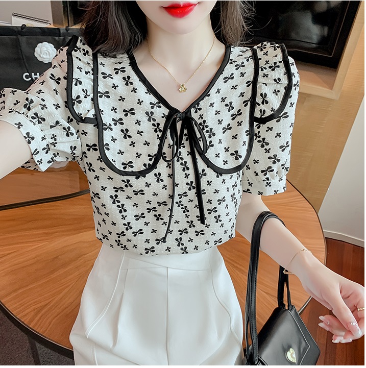 HÀNG QUẢNG CHÂU - ÁO KIỂU SƠ MI VOAN HOA NHÍ CỔ SEN THẮT NƠ VAI BÈO TIỂU THƯ - A66255