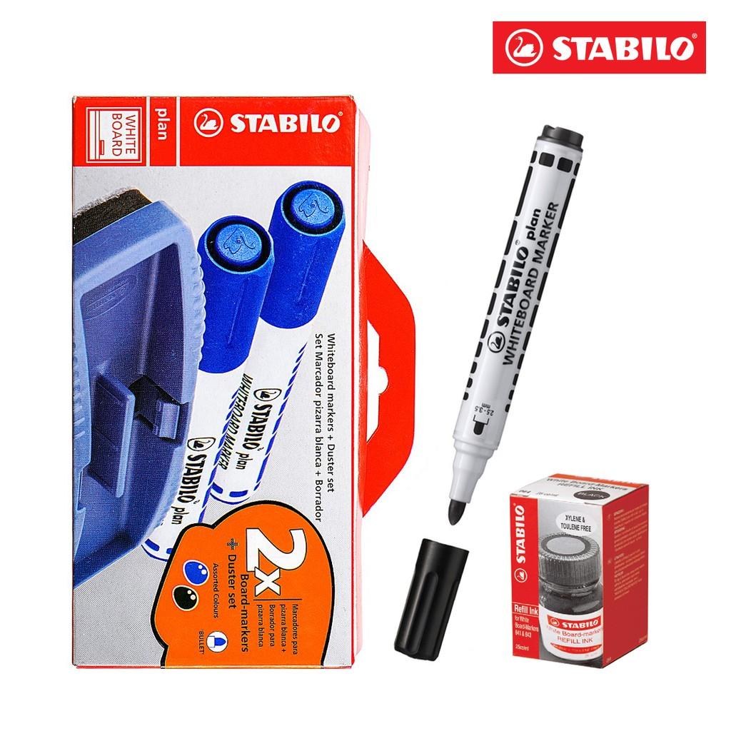 Bộ 2 Bút viết bảng STABILO plan+ đồ lau bảng + mực đen WM641-2SBKR