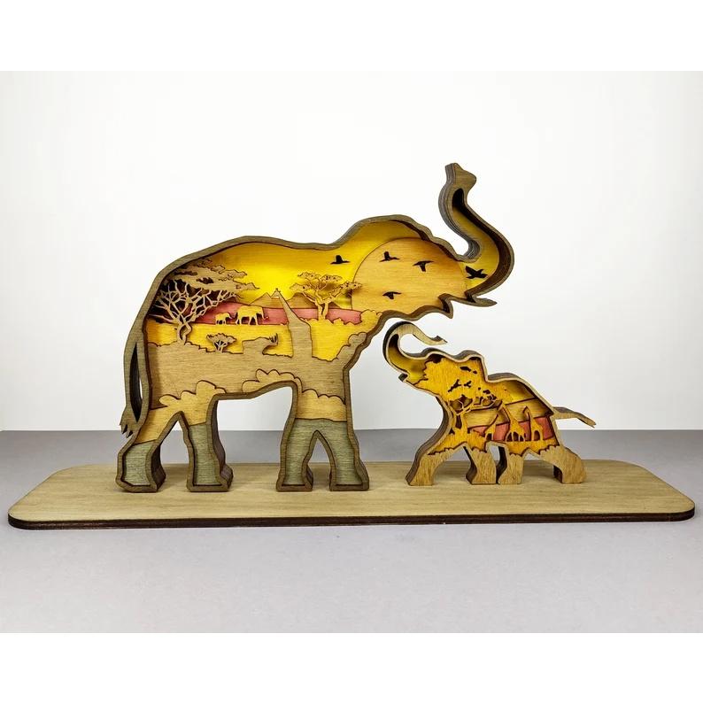 Đồ trang trí mẹ con voi bằng gỗ có đèn LED trang trí phong cách Retro