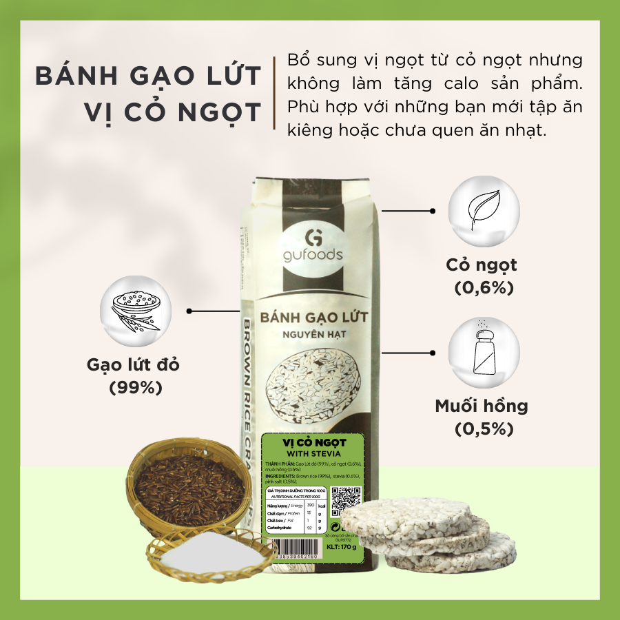 Bánh gạo lứt ăn kiêng, tập GYM GUfoods (170g = 18 bánh)