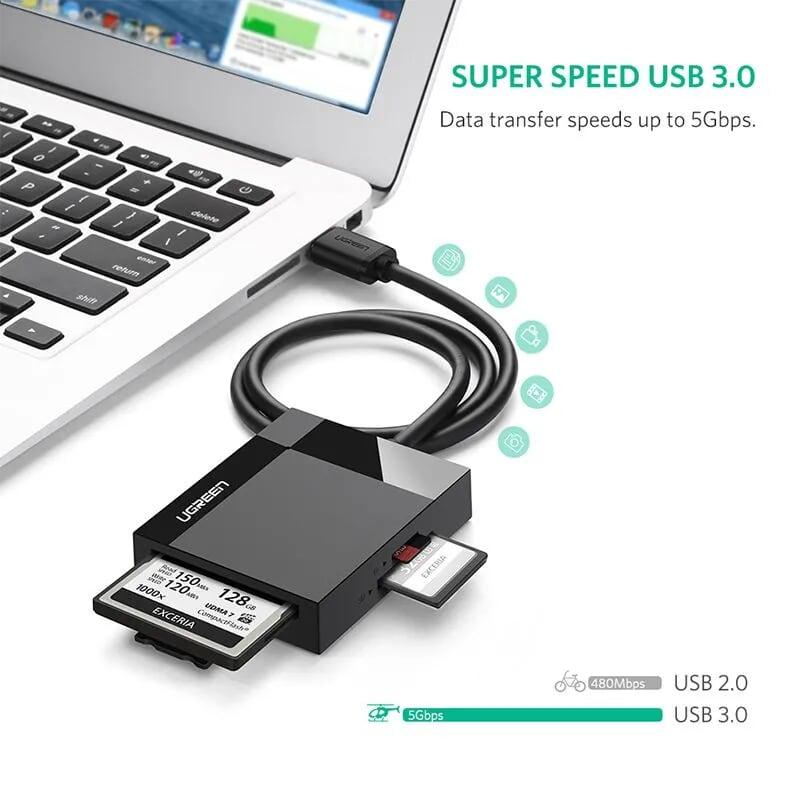 Ugreen UG30229CR125TK 0.5M Màu Đen Đầu đọc thẻ USB 3.0 hỗ trợ thẻ TF/SD/CF/MS - HÀNG CHÍNH HÃNG