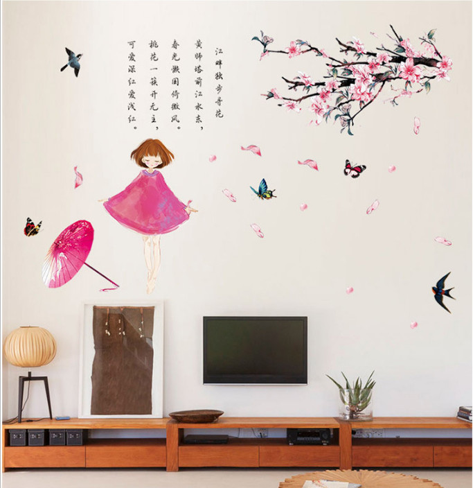 Decal dán tường cô gái hồng cành hoa đào thơ mộng