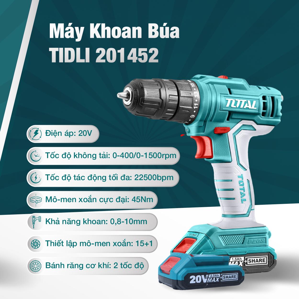 MÁY KHOAN BÚA DÙNG PIN 20V TOTAL TIDLI201452 - HÀNG CHÍNH HÃNG