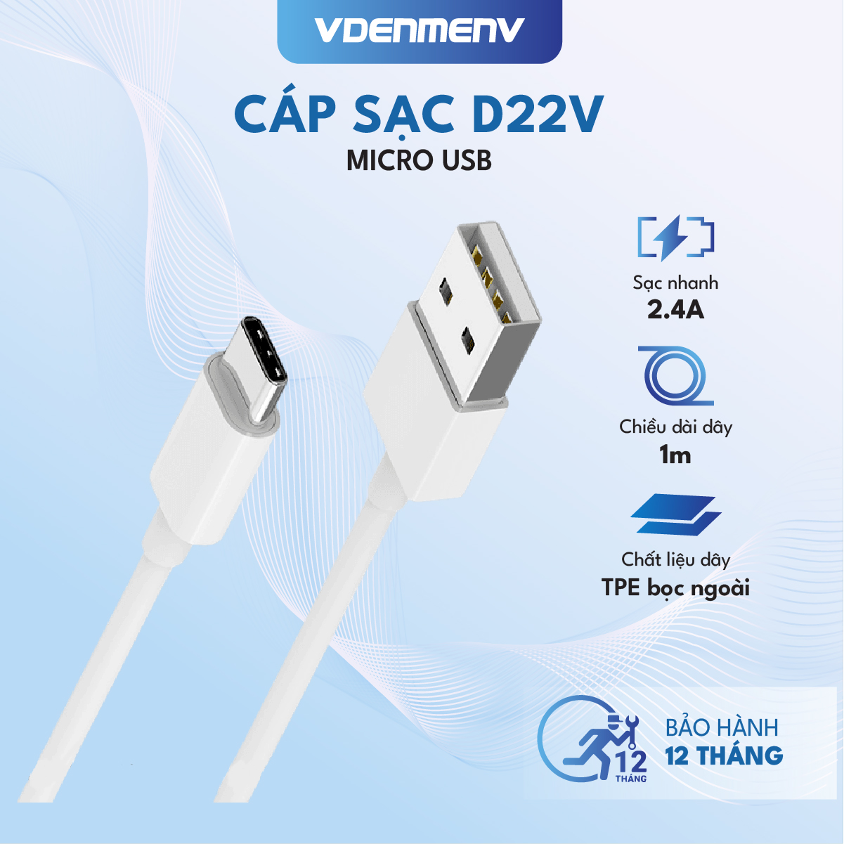 Dây Cáp Sạc Micro USB VDENMENV D22V Hỗ Trợ Sạc Nhanh, Truyền Dữ Liệu, Dài 1M-Hàng chính hãng