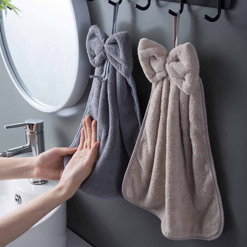 Khăn lau tay hình nơ dễ thương treo tường nhà bếp nhà tắm bằng vải nhung mềm mại thấm hút tốt phong cách Hàn Quốc
