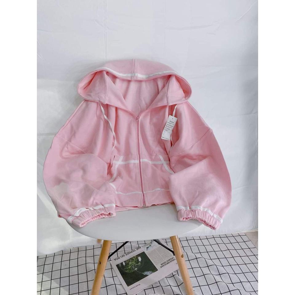 Áo Khoác Hoodie Viền Tay  Bồng Nữ Jacket form rộng có mũ màu ĐEN ,HỒNG, XANH, TÍM THAN Ulzzang- KHOÁC NỈ TRƠN PHONG CÁCH HÀN QUỐC