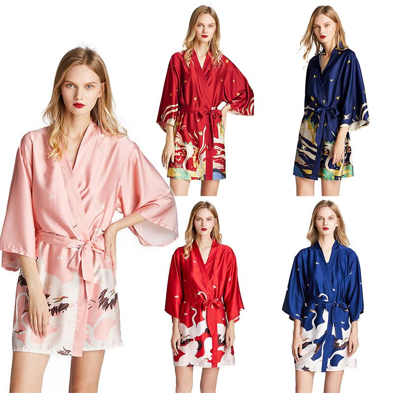 Women Pajamas Print Night Robe V Neck Three Quarter Sleeve Soft Comfortable Satin Nightwear Gown Sleepwear