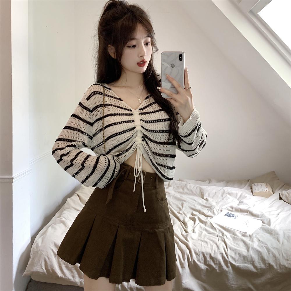 [L2M] Áo len LƯỚI Montoghi dệt kim SỌC NGANG RÚT DÂY Quảng Châu xinh xắn