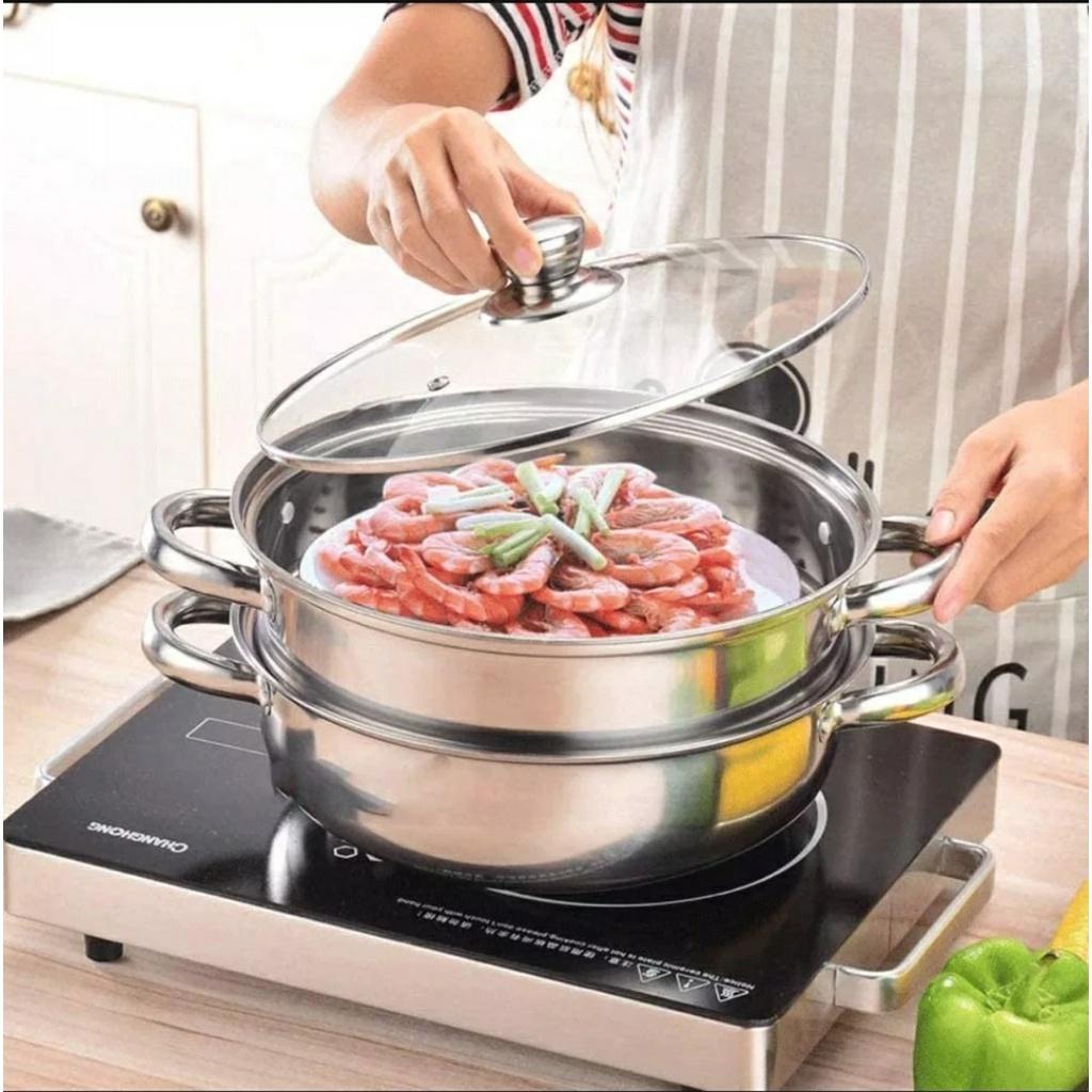 Nồi Hấp Inox 2 Tầng Đa Năng, Nồi Hấp Bánh Bao, Hấp Trứng Cao Cấp Nắp Kính