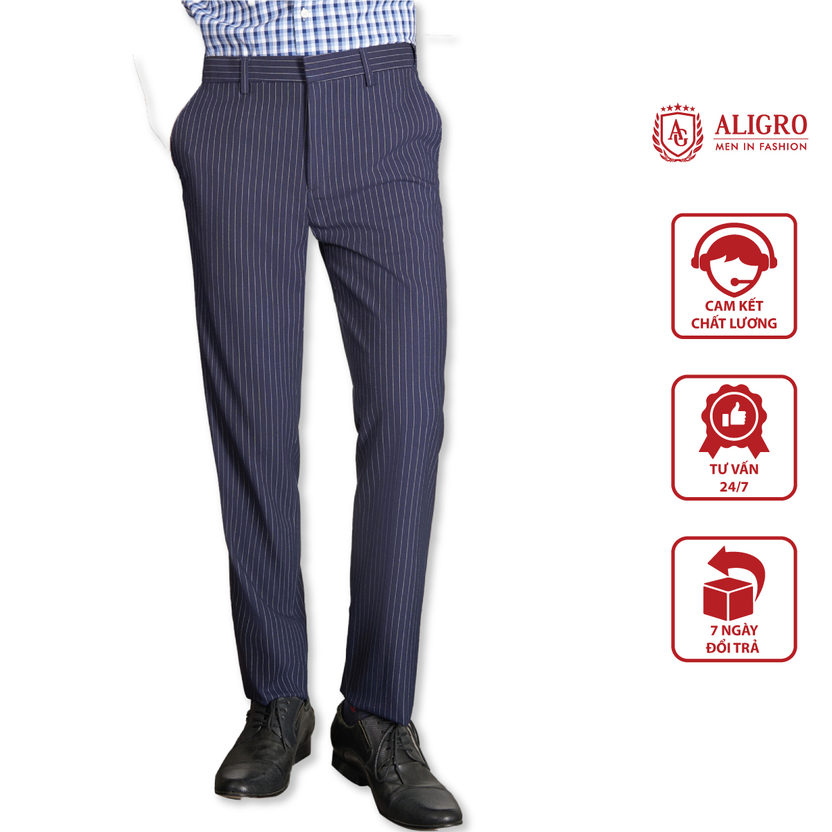 Quần âu nam ALIGRO màu navy kẻ sọc trắng, chuẩn form slimfit, tôn dáng ALGO1052