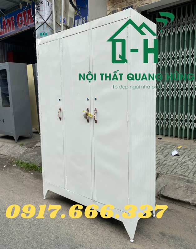 TỦ SẮT ĐỰNG QUẦN ÁO 3 CÁNH MÀU TRẮNG SƠN DẦU KHÔNG GƯƠNG DÀNH CHO GIA ĐÌNH 1M8X1M2X45CM