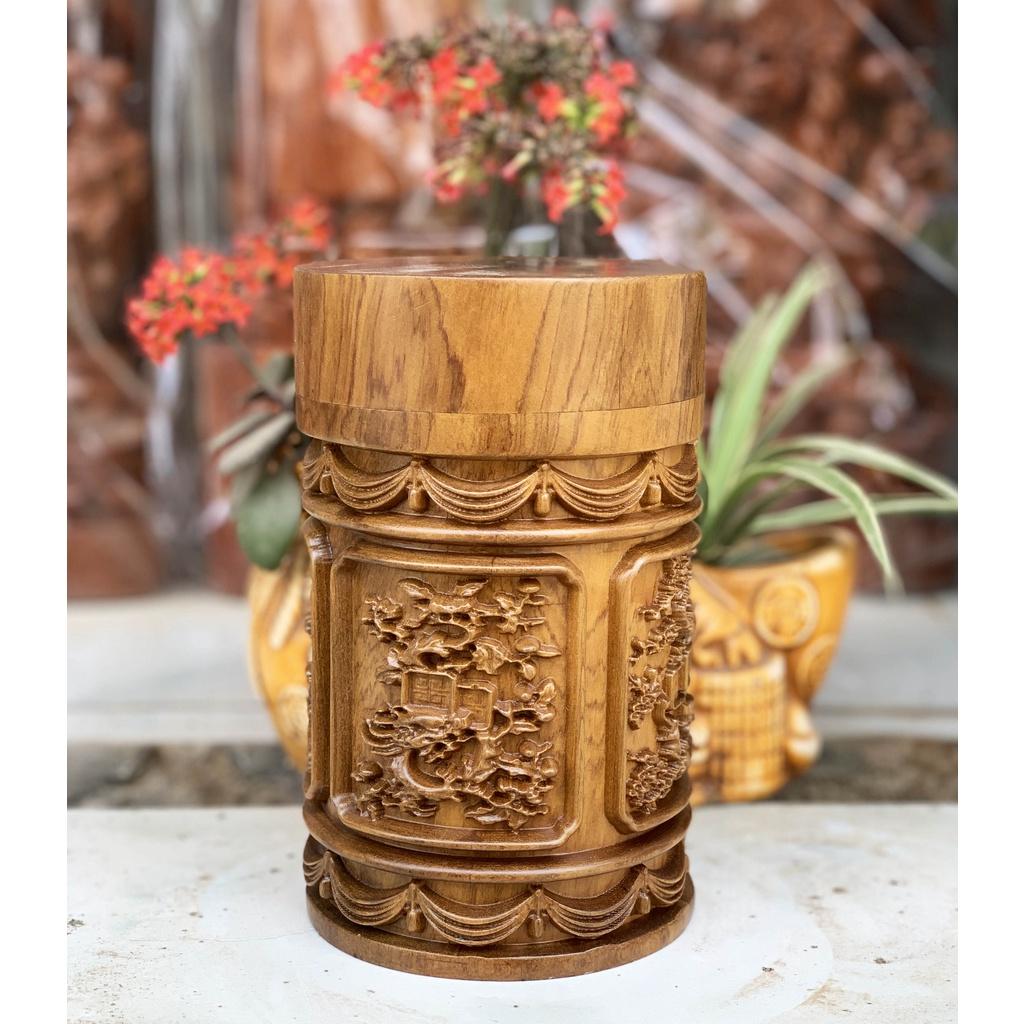 Hộp Đựng Chè Trạm Khắc Tứ Quý Gỗ Bách Xanh