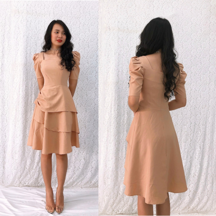 Đầm xòe S&M cổ vuông tay phồng tùng xếp 3 tầng trẻ trung, xinh đẹp, tôn dáng GR177 - Hình thật do shop tự chụp