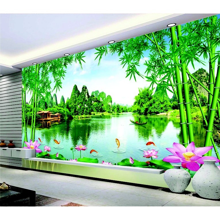 (ẢNH THẬT) Tranh dán tường 3d phong cảnh phong thuỷ hữu tình có sẵn keo( có in theo yêu cầu)