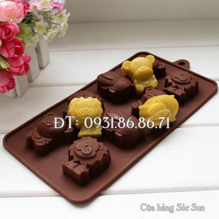 Khuôn silicon 8 con hà mã, sư tử, gấu – Mã số 1435