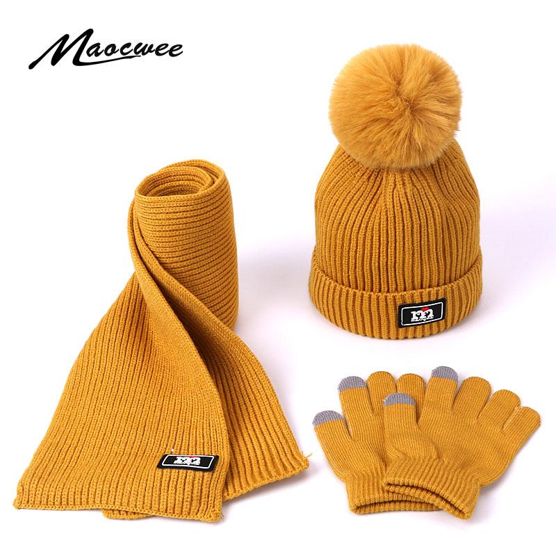 Ba Lô Cho Bé Nón Khăn Găng Tay Bộ Đôi Pompom Dệt Kim Bò Mùa Thu Mùa Đông Ấm Áp Trẻ Em Skullies Khăn Găng Tay Phù Hợp Với