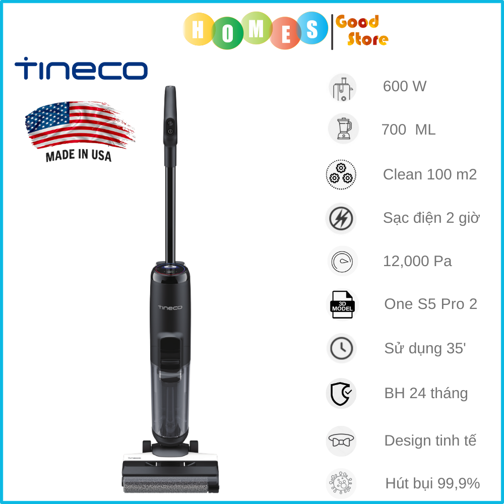 Máy Hút Bụi Lau Sàn Tineco Floor One S5 Pro 2 - Bản 2023 Thương Hiệu Mỹ Tự Động Giặt Giẻ, Diệt Khuẩn Với Công Nghệ Làm Sạch Sâu 3 Chế Độ Vệ Sinh Cùng Lực Hút 12,000 Pa, Công Suất 600 W - Bảo Hành 24 Tháng