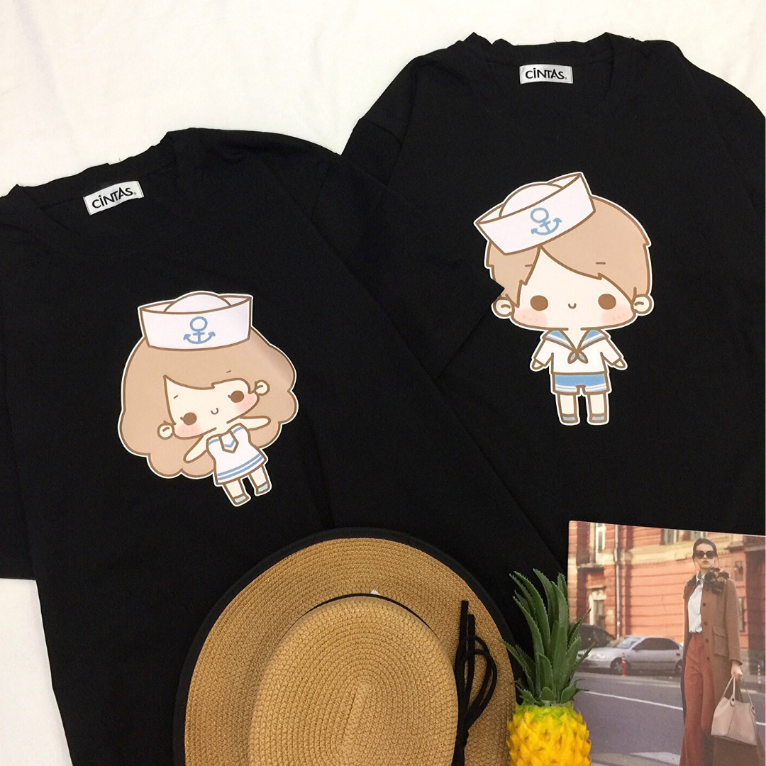 Áo Thun Cặp Nam Nữ Cotton 100% form Unisex Hình Chibi  cặp đôi thủy thủ tinh nghịch dễ thương, thích hợp chụp hình cưới, đi hẹn hò