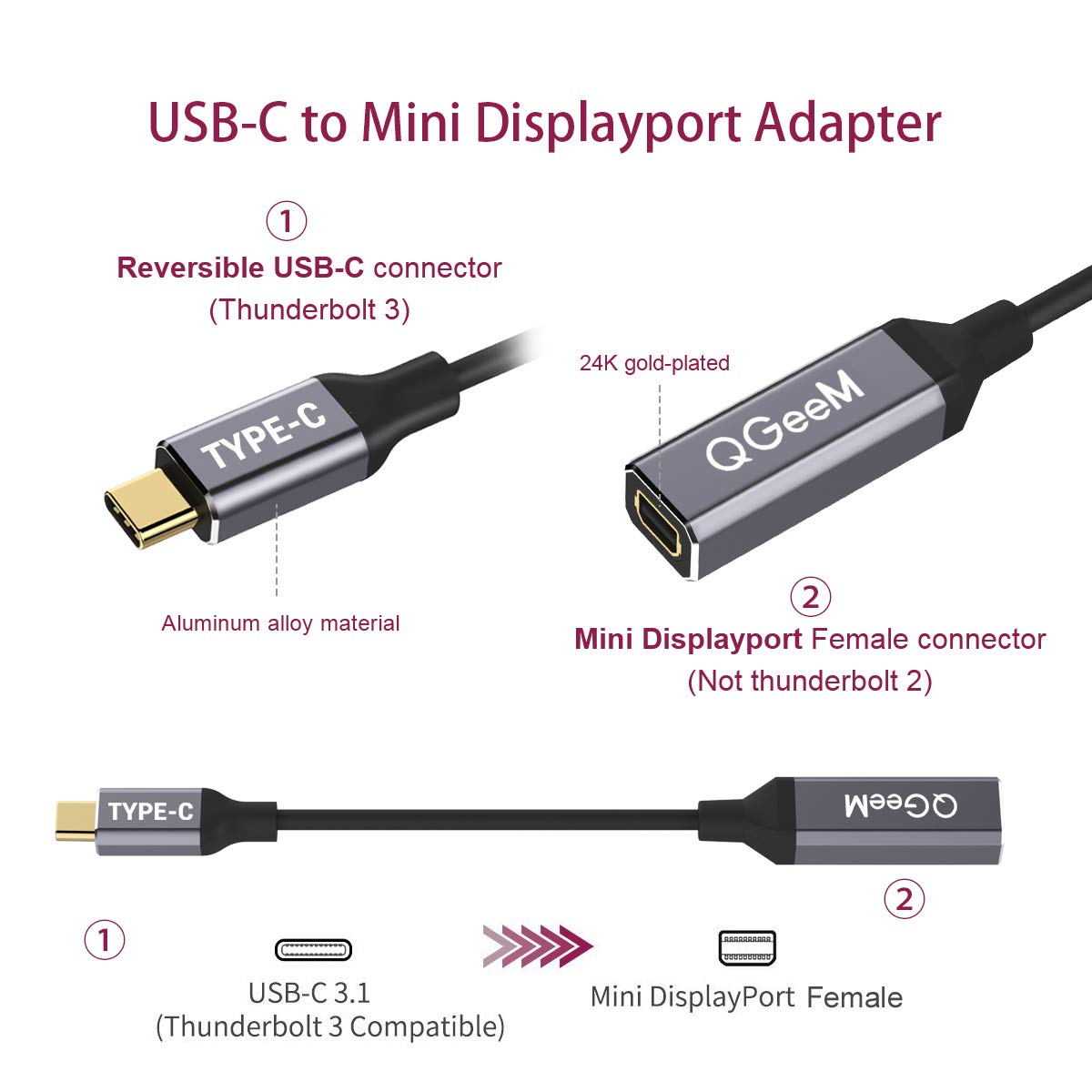 Cáp chuyển cổng QGeeM USB Type C 3.1 sang Mini-DP Female 4K 60HZ HDTV cho Macbook, Samsung S8-Hàng Chính Hãng