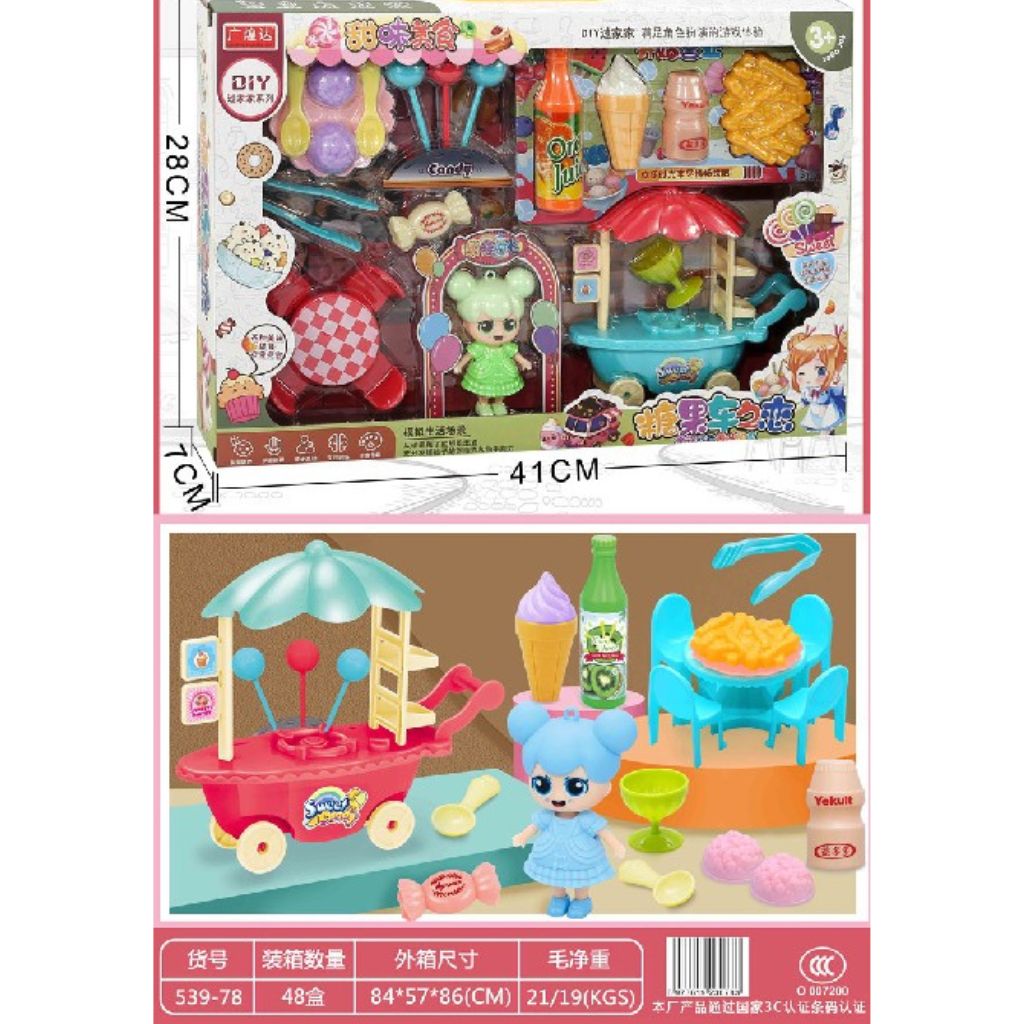 Đồ chơi Búp bê bán kem- Bộ sp gồm: Xe đẩy có dù, bàn ghế, kem, nước ngọt, bánh kẹo và ly, muỗng