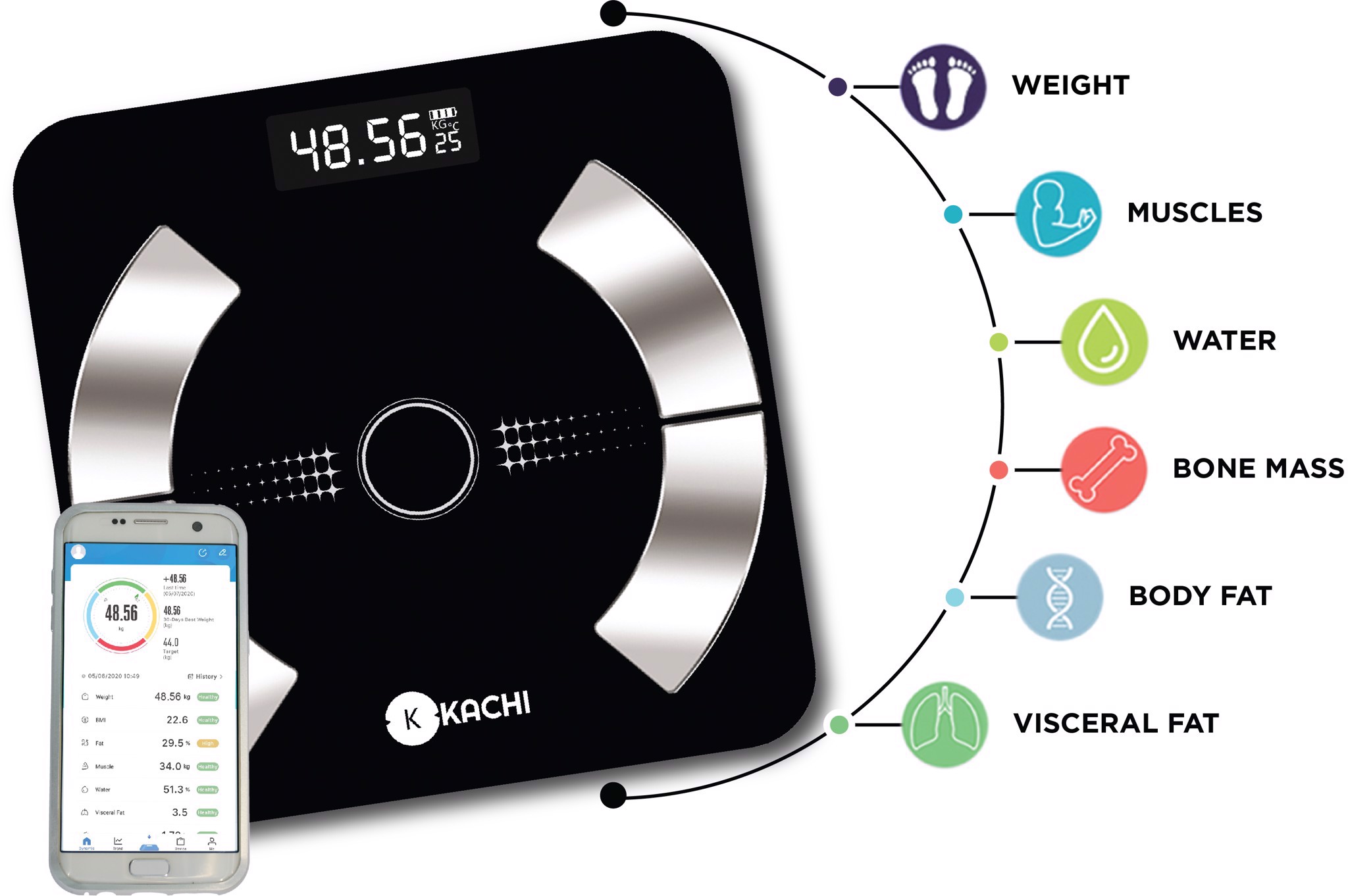 Cân điện tử bluetooth phân tích chỉ số cơ thể Kachi MK223 - Màu đen - Hàng chính hãng
