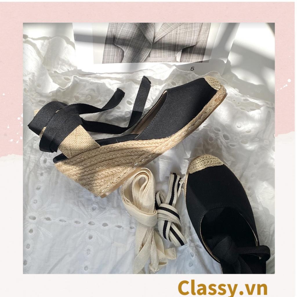 Giày cói Classy đế xuồng đế cói cao 8 CM buộc nơ, đi dạo phố, đi biển