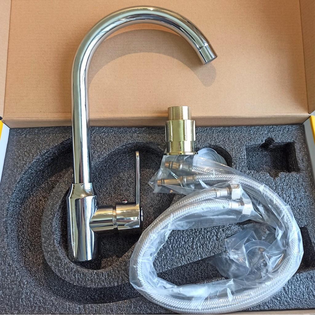 Bộ vòi rửa chén , rửa bát nóng lạnh bằng Inox 304 bóng cao cấp có thể xoáy 360 độ cho 2 chậu rửa