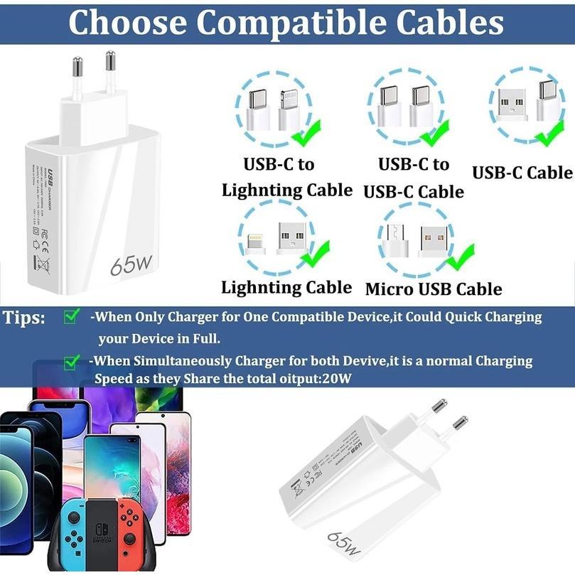 Củ Sạc 65W 2 Cổng US EU Cho IPhone Và Android Điện Thoại