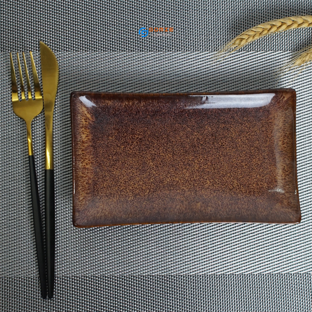 Khay chữ nhật chuyên dùng cho nhà hàng - men gấm nâu tuyết hỏa biến đẳng cấp ,sang trọng,sản phẩm by Gomie Ceramic