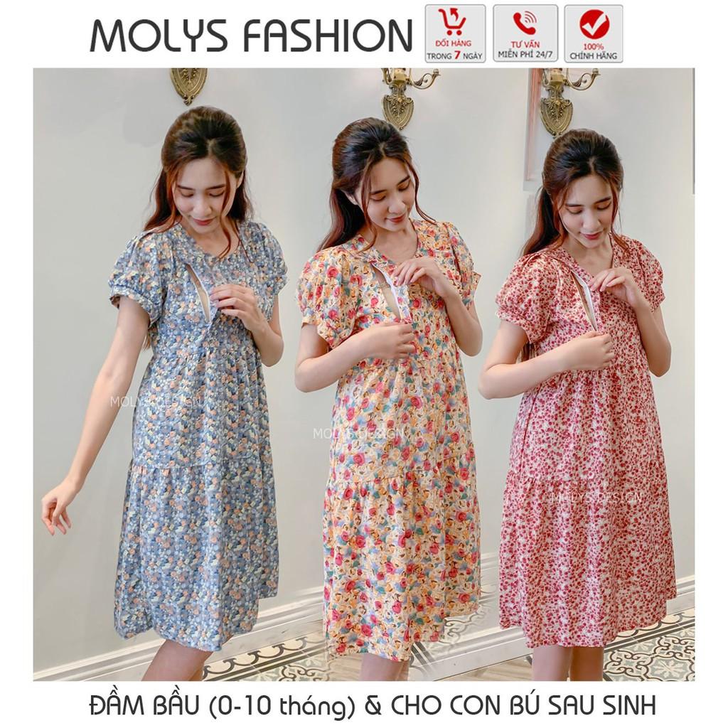 Đầm bầu kết hợp cho con bú sau sinh dáng babydoll ba tầng hoa nhí bèo ngực MOLYS VM6644 cúc điều chỉnh mặc hết thai kỳ