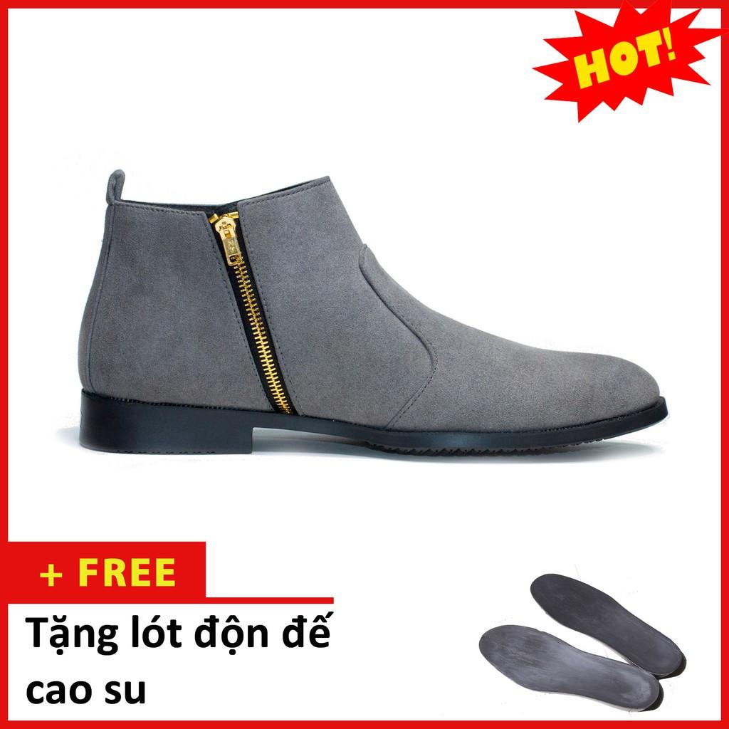 Giày Chelsea Boot Nam Cổ Khóa Rất Dễ Xỏ Da Búc Màu Xám Cực Đẹp - CB521-bucxamkhoa(DD)-Kèm Độn Đế Tăng Chiều Cao