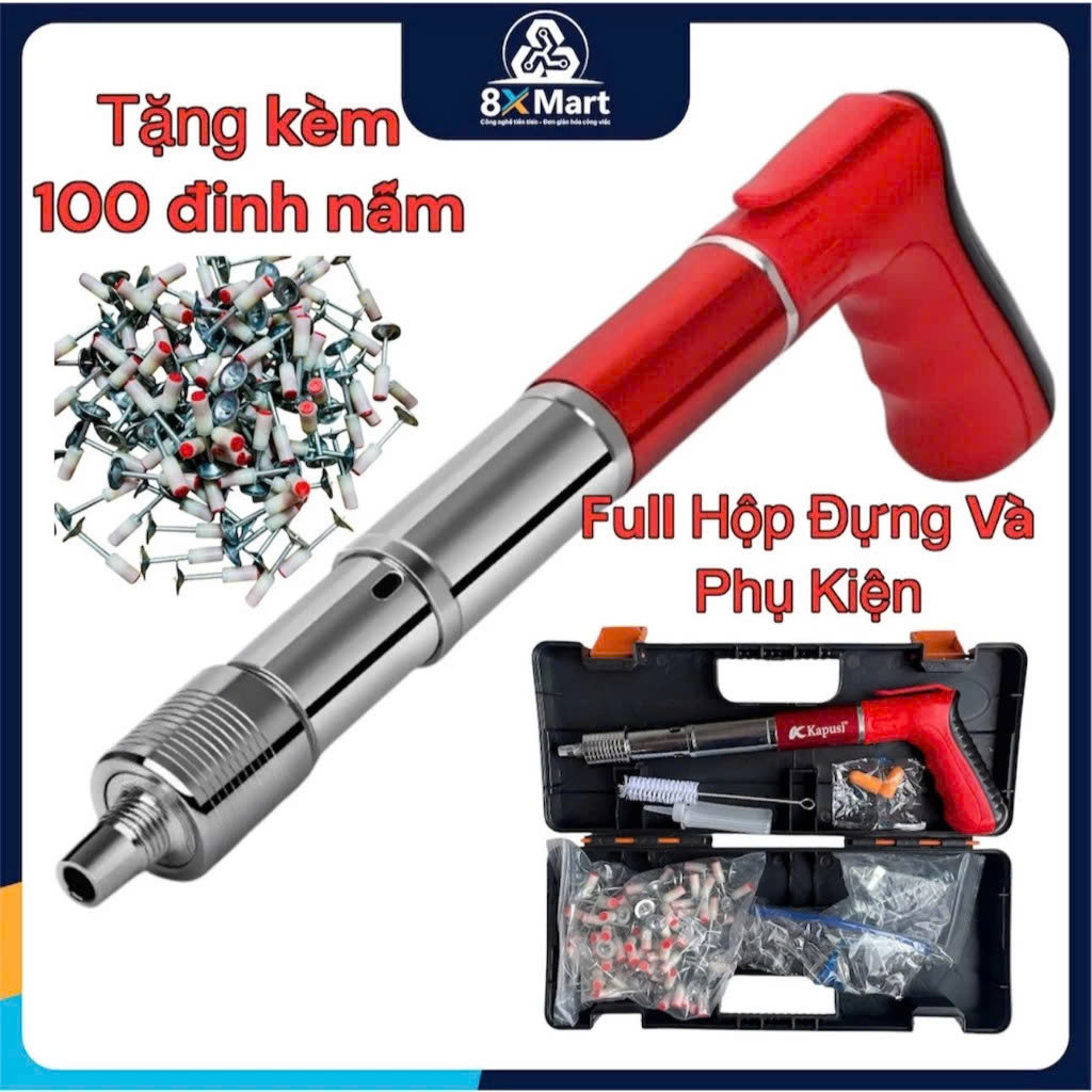 Máy Bắn Đinh Hạt Nổ Xuyên Bê Tông – Tặng 100 Đinh &amp; Hộp Phụ Kiện, Vỏ Thép Trắng Siêu Bền