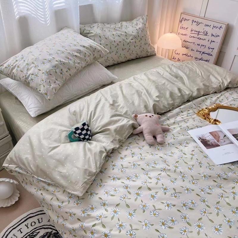 Bộ Chăn Ga Cotton Living 100%cotton Hàng Nhập Khẩu Cao Cấp 4 Món Hot Trend Hoa Nhí Tím Viền Bèo vintage