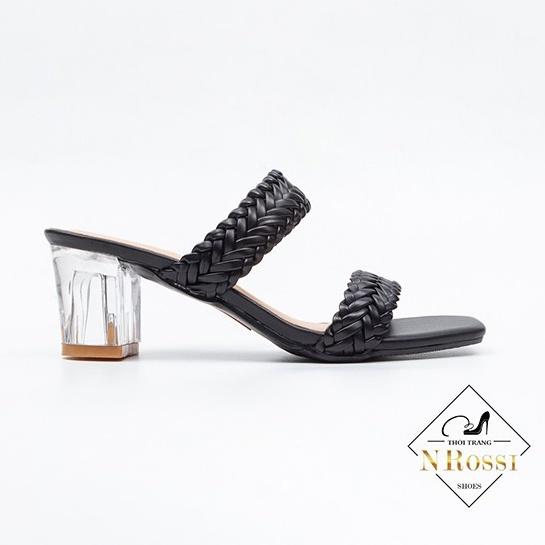 FREESHIP Dép cao gót Nrossi mũi vuông quai ngang gót cao 5cm màu đen có size lớn 40 41 42 43 44_N2124
