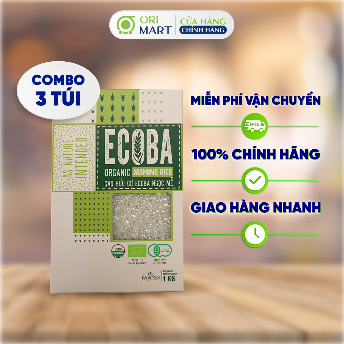 Combo 3 Gạo Hữu Cơ Ecoba Ngọc Mễ ORIMART Ecoba Organic Jasmine Rice Ngon Dẻo Đạt Chuẩn An Toàn Túi 1Kg